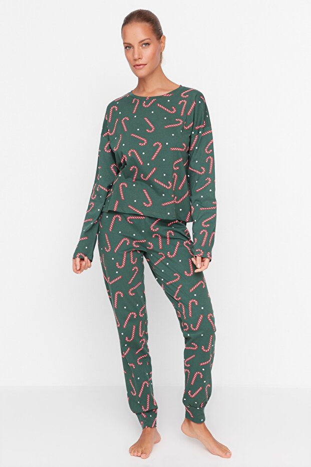 Yeşil %100 Pamuklu Yılbaşı Temalı Örme Pijama Takımı THMAW21PT0771 - 5