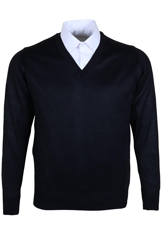 Men's Woolen Sweater V-Neck Regular Classic Cut Navy Blue Rar00372