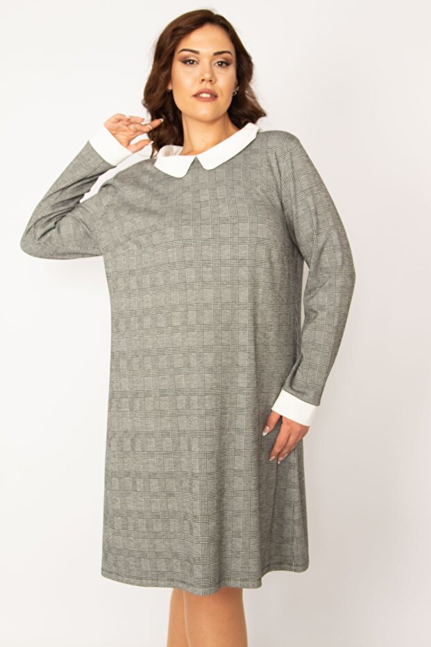 Rochie de damă cu model în carouri, de mărime mare, gri, cu guler pentru bebeluși 65n33630 - 3