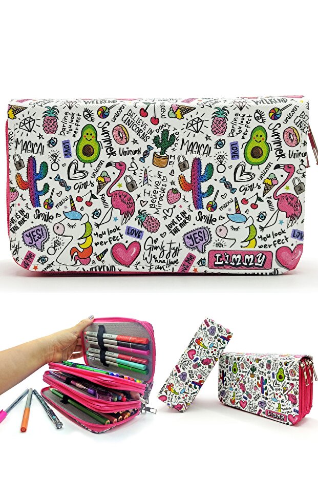 Pencil Case Unicorn-flamingo-avacado Patterned Kawai Organizer Pencil Case Three Compartment Pen Holder