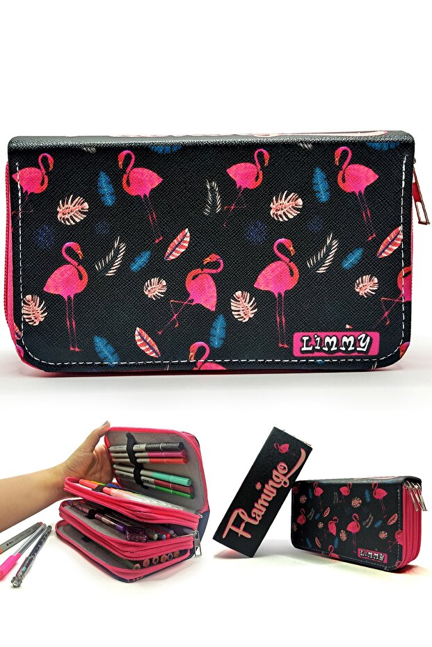 Pencil Case Flamingo Black Kawai Organizer Pencil Case Vegan Leather Three Compartment Pen Holder