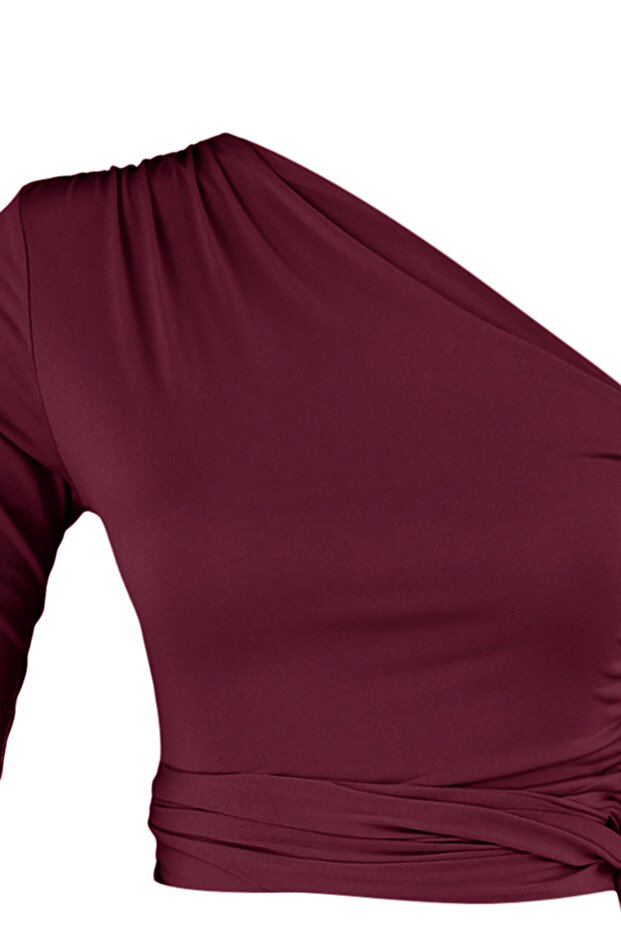 Bordo Fitted/Vücuda Oturan Bağlama Detaylı Tek Kol Crop Esnek Örme Bluz TWOAW23BZ00094 - 8