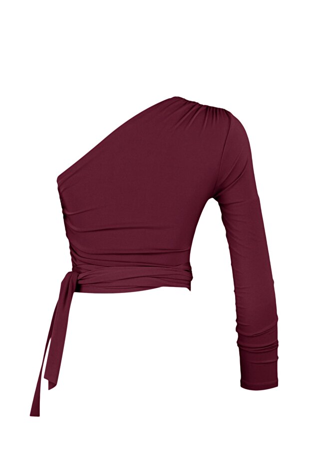 Bordo Fitted/Vücuda Oturan Bağlama Detaylı Tek Kol Crop Esnek Örme Bluz TWOAW23BZ00094 - 9
