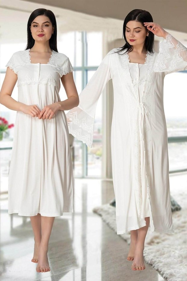 Effortt Women's Ecru Lace Pregnant Maternity Dressing Gown Nightgown Set