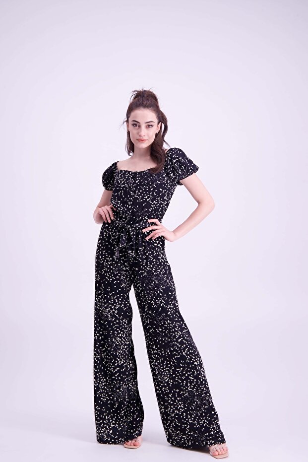 Yaprak Desenli Dökümlü Tulum - 1