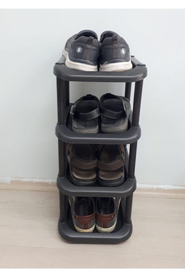 4 Katlı Siyah Plastik Midi Boy Tekli Ayakkabılık - Ayakkabı Çekeceği Hediyeli - 4