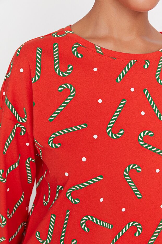 Kırmızı %100 Pamuklu Yılbaşı Temalı Örme Pijama Takımı THMAW21PT0771 - 3