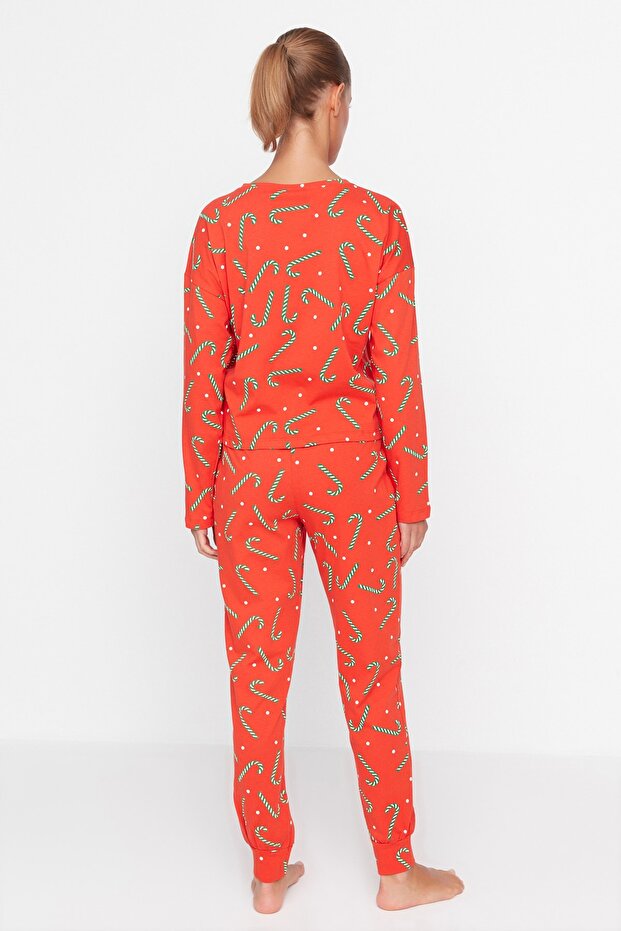 Kırmızı %100 Pamuklu Yılbaşı Temalı Örme Pijama Takımı THMAW21PT0771 - 4