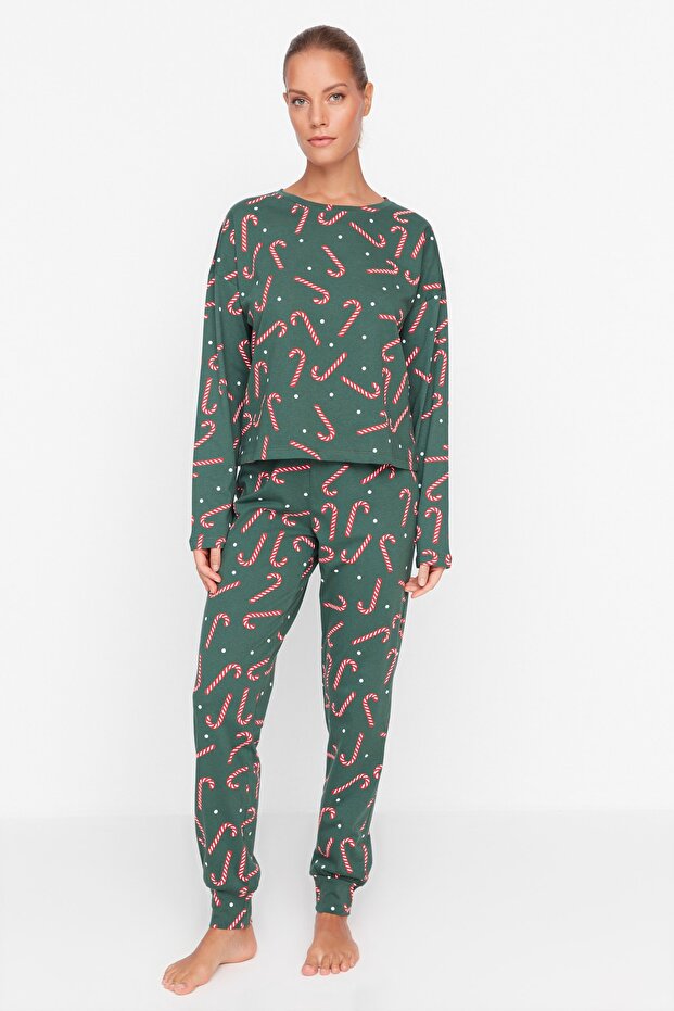 Yeşil %100 Pamuklu Yılbaşı Temalı Örme Pijama Takımı THMAW21PT0771 - 1