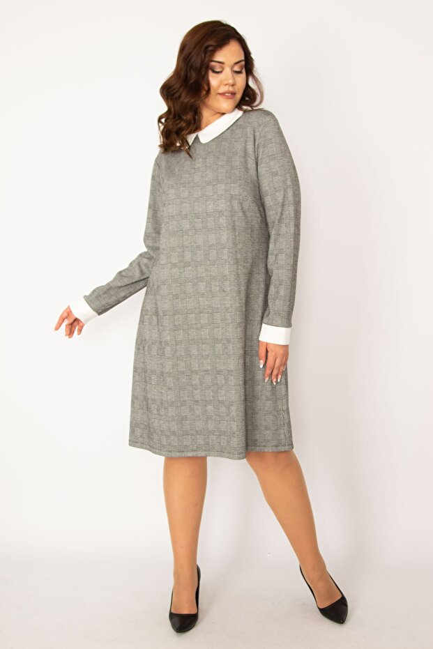 Rochie de damă cu model în carouri, de mărime mare, gri, cu guler pentru bebeluși 65n33630 - 4