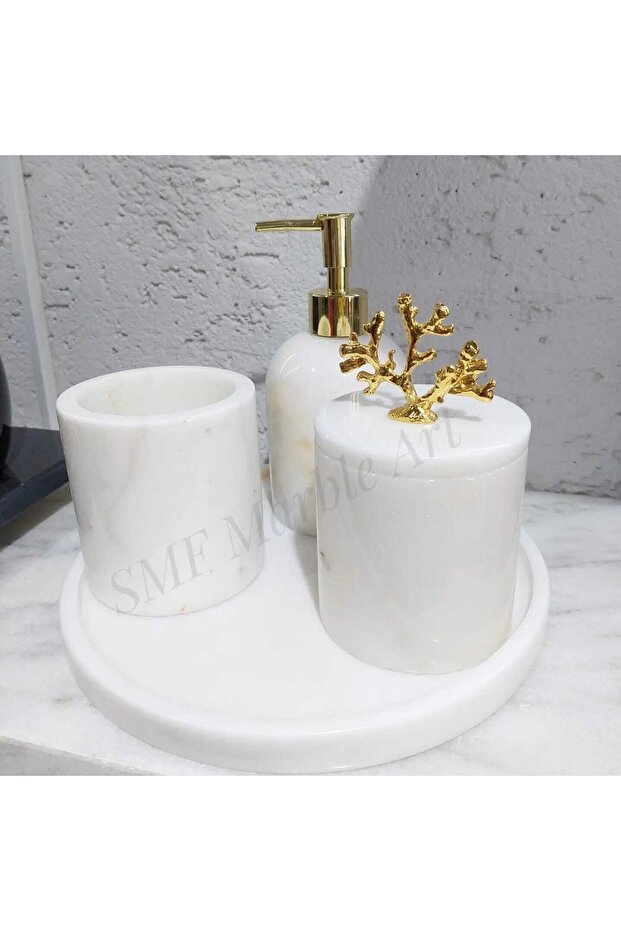 White Golden - Natural Marble Bathroom Set | 4 Pieces | Gold |
