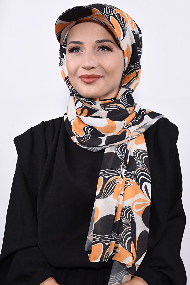 شال منقوش مع قبعة برتقالية - 1