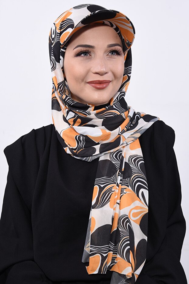 شال منقوش مع قبعة برتقالية - 2
