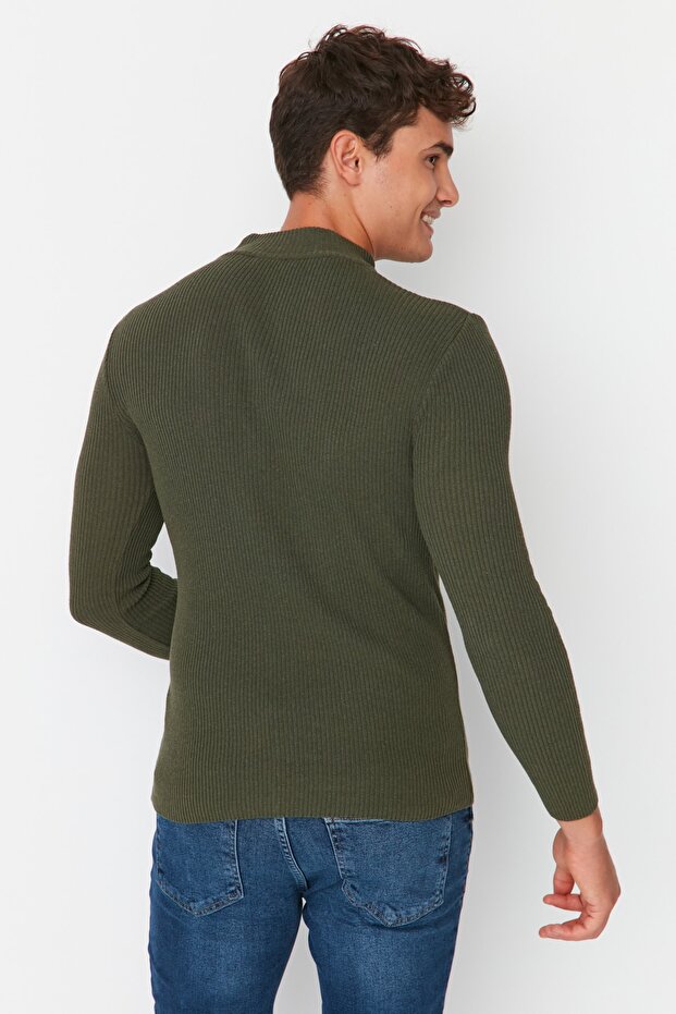 Haki Fitted Pamuklu Dar Kalıp Yarım Balıkçı Yaka Fitilli Triko Kazak TMNAW21KZ0568 - 5