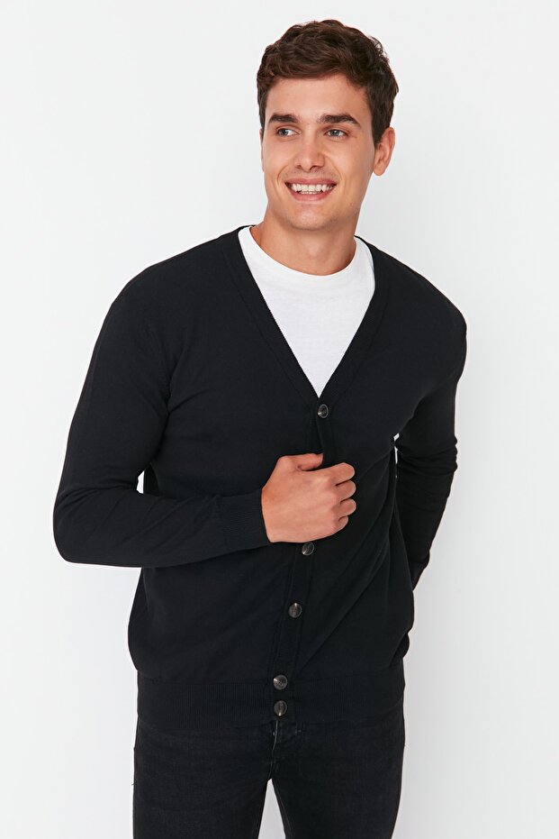 Siyah Slim Fit Pamuklu V Yaka Düğmeli Hırka TMNAW21HI0274 - 4