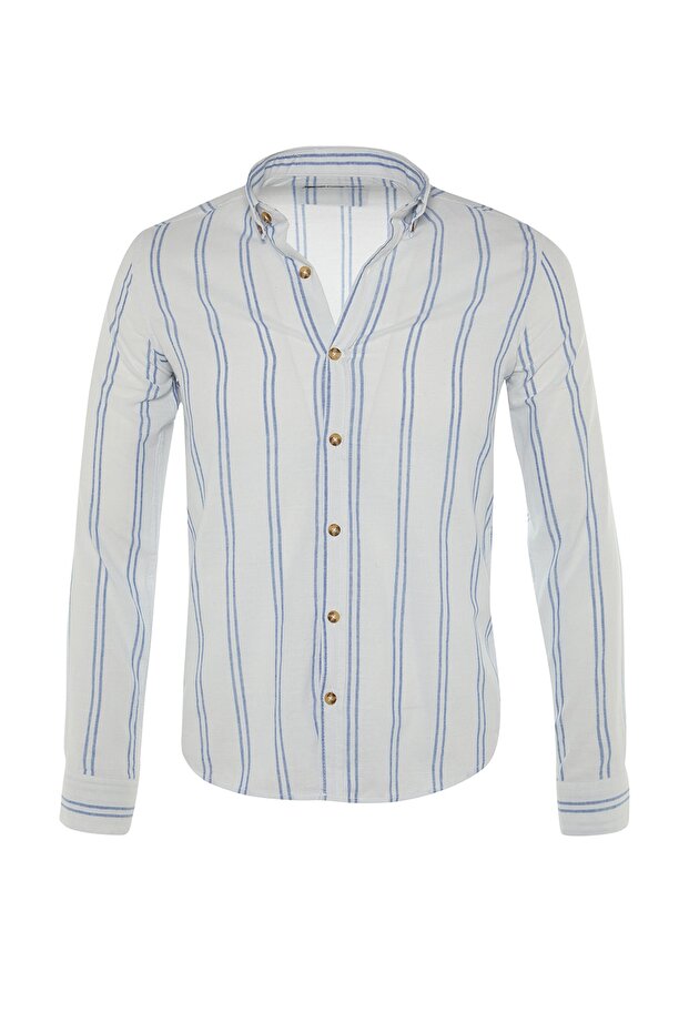 Beyaz Slim Fit Düğmeli Yaka İnce Çizgili Gömlek TMNSS20GO0092 - 7
