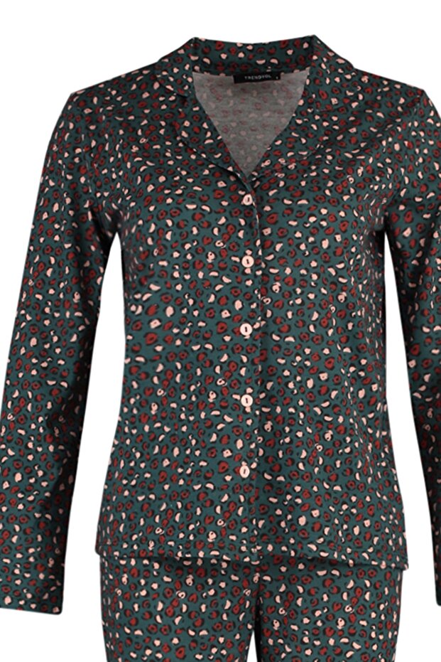 Yeşil %100 Pamuklu Leopar Desenli Gömlek Pantolon Örme Pijama Takımı THMAW23PT00150 - 8
