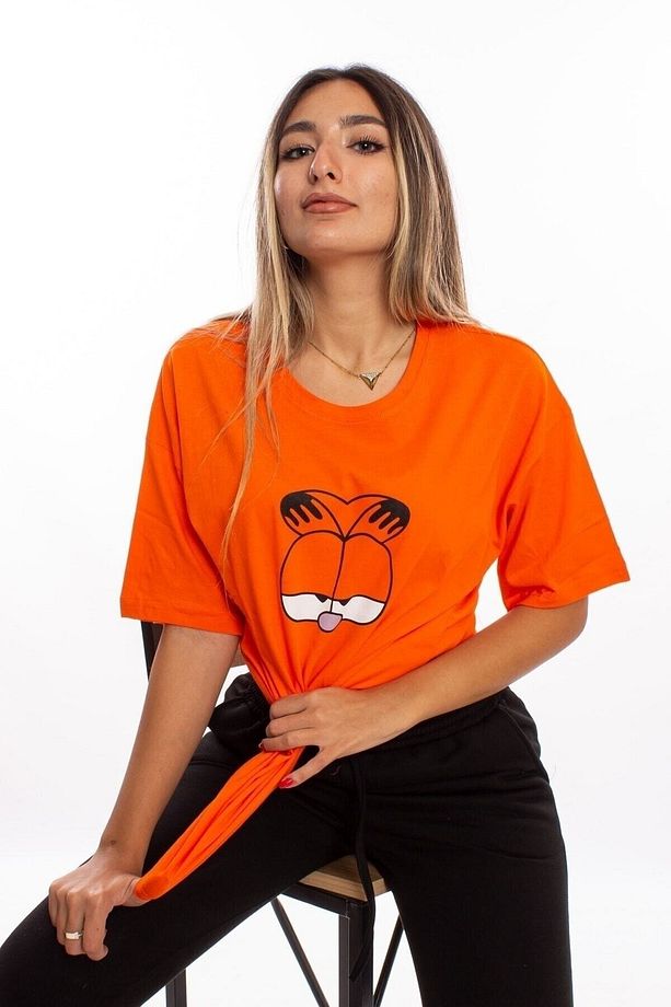 Garfield Baskılı Turuncu Oversize Unisex Tshirt - 3