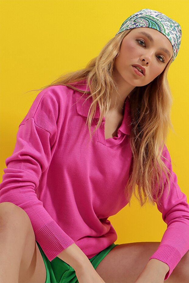 Women's Fuchsia Polo Collar Basic Seasonal Knit Sweater ALC-X8976