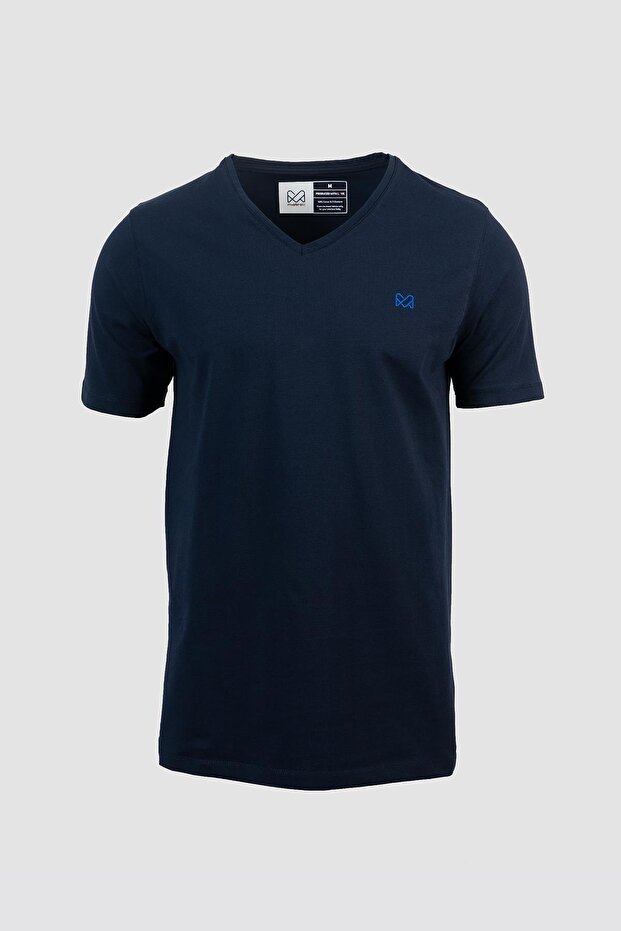 Men's Navy Blue Cotton Lycra V-Neck Slim Fit T-Shirt