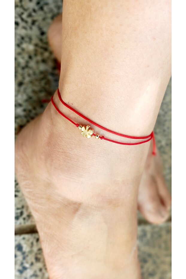 Red Rope And Clover Anklet