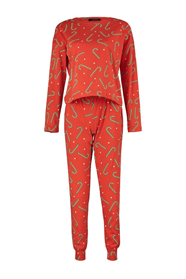 Kırmızı %100 Pamuklu Yılbaşı Temalı Örme Pijama Takımı THMAW21PT0771 - 5