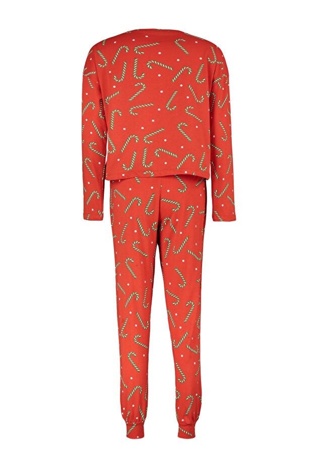 Kırmızı %100 Pamuklu Yılbaşı Temalı Örme Pijama Takımı THMAW21PT0771 - 7