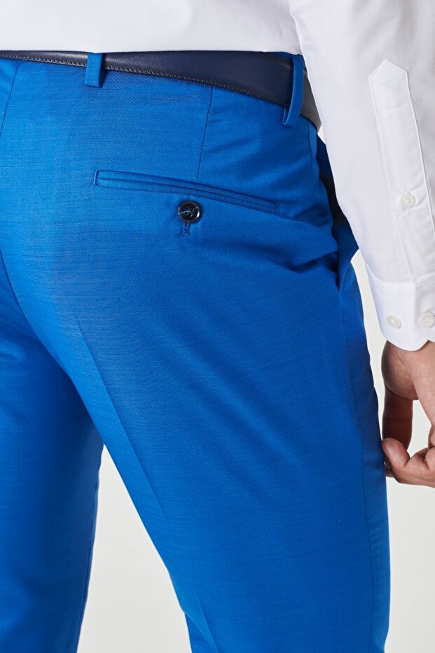 Erkek Saks Mavi Yünlü Ekstra Slim Fit Dar Kesim Mono Yaka Pick Desenli Yelekli Takım Elbise - 8