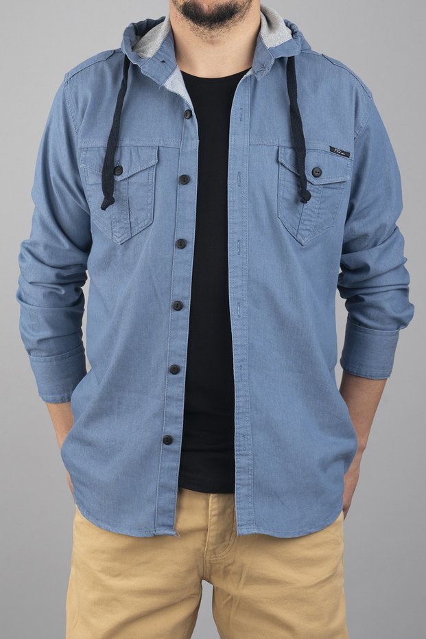 Hooded Slim Fit Men's Denim Shirt Blue