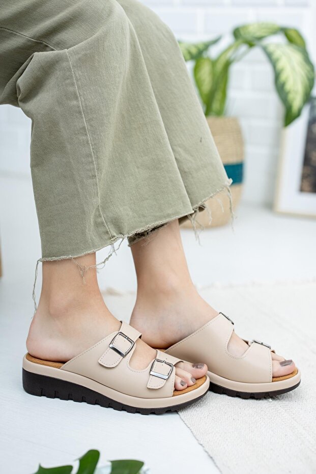 Women's Beige Sandra Double Buckle Comfort Slippers