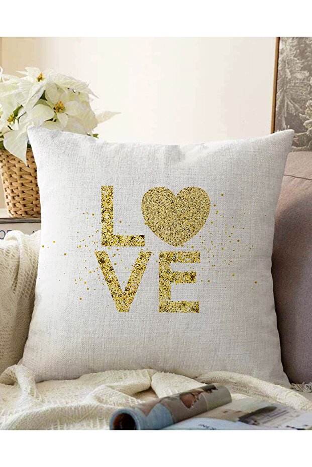 Double Sided White Background Gold Color Love Written Digital Printed Modern Raschel Knitted Throw Pillow Cover