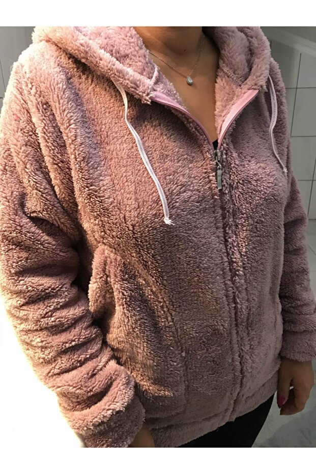 Kadın Gül Kurusu Kısa Kapüşonlu Peluş Ceket - 1