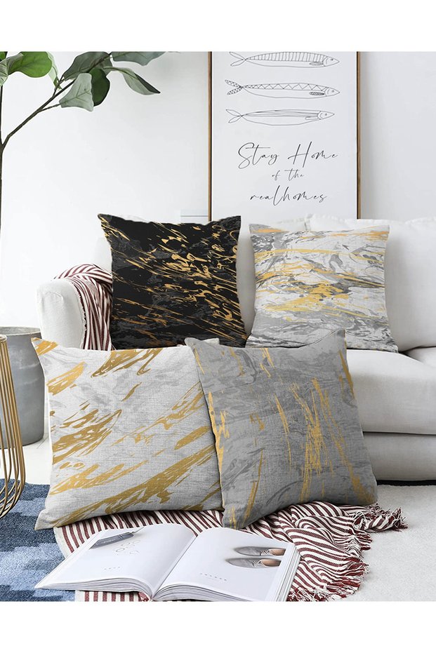 4-Piece Double-Sided Colored Background Gold Detailed Abstract Drawing Modern Raschel Pillow Throw Pillow Cover Set