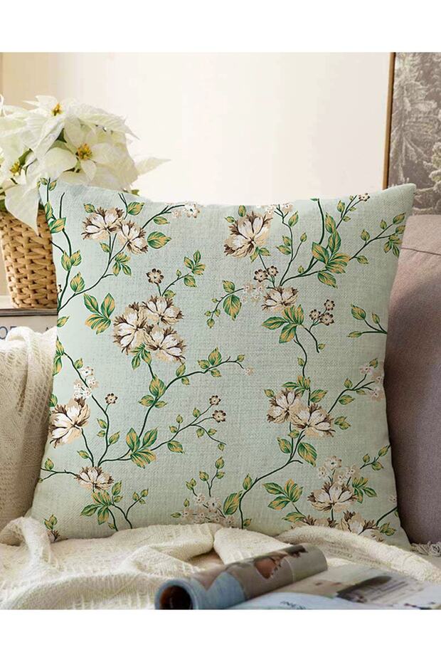 Modern Raschel Knitted Pillow Throw Pillow Cover with Green Leaves and Flower Patterns on Double Sided Colorful Floor