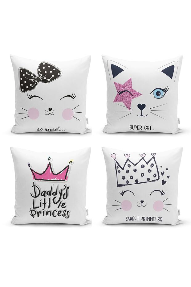 Decorative 4-Piece Children's Pillow Case with Cute Kitten Pattern on White Background