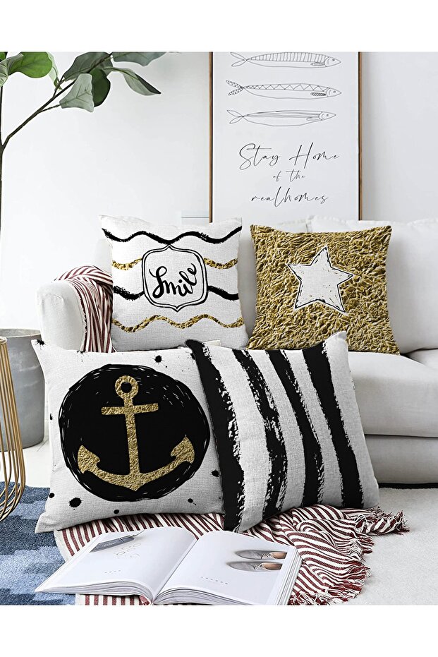 4-Piece Double Sided Gold Detailed Modern Raschel Knitted Pillow Throw Pillow Cover Set on White Background