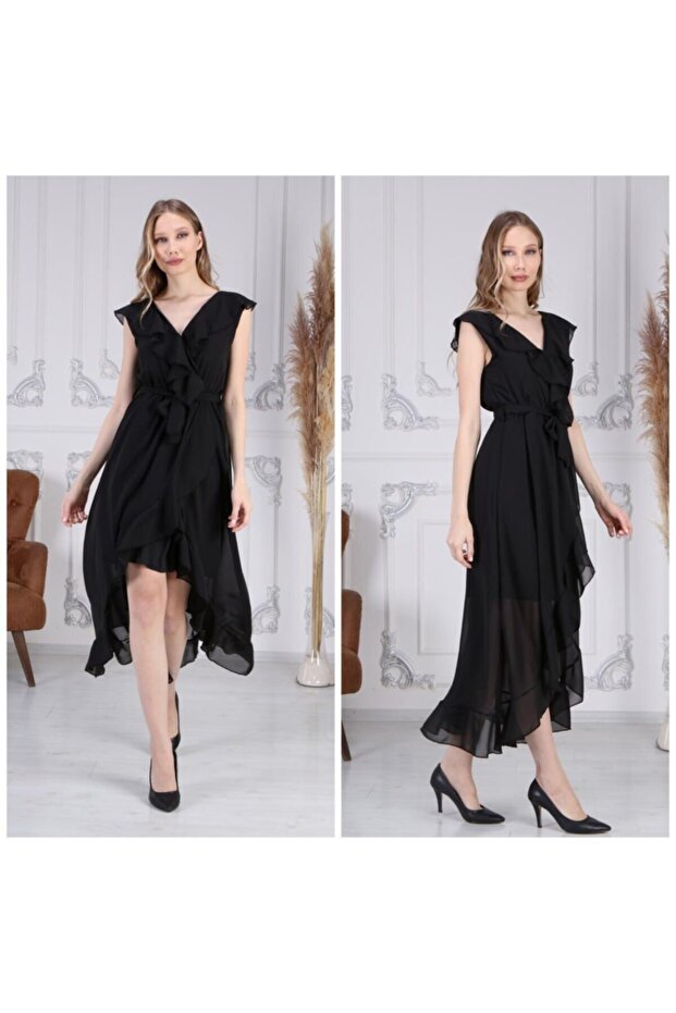 Fırfırlı Düz Şifon Elbise - 1