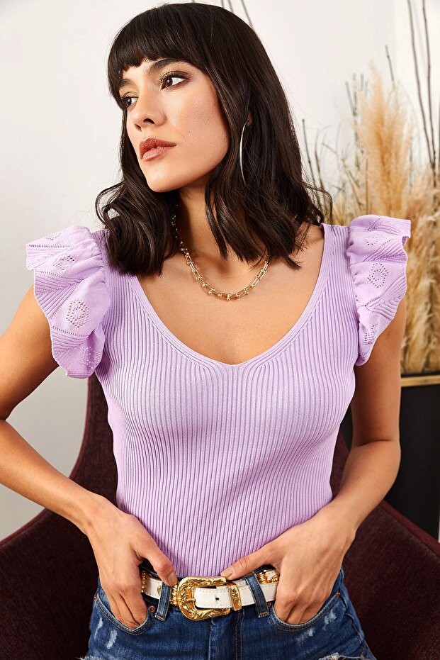 Women's Lilac Front Back V Shoulder Ruffle Knitwear Blouse