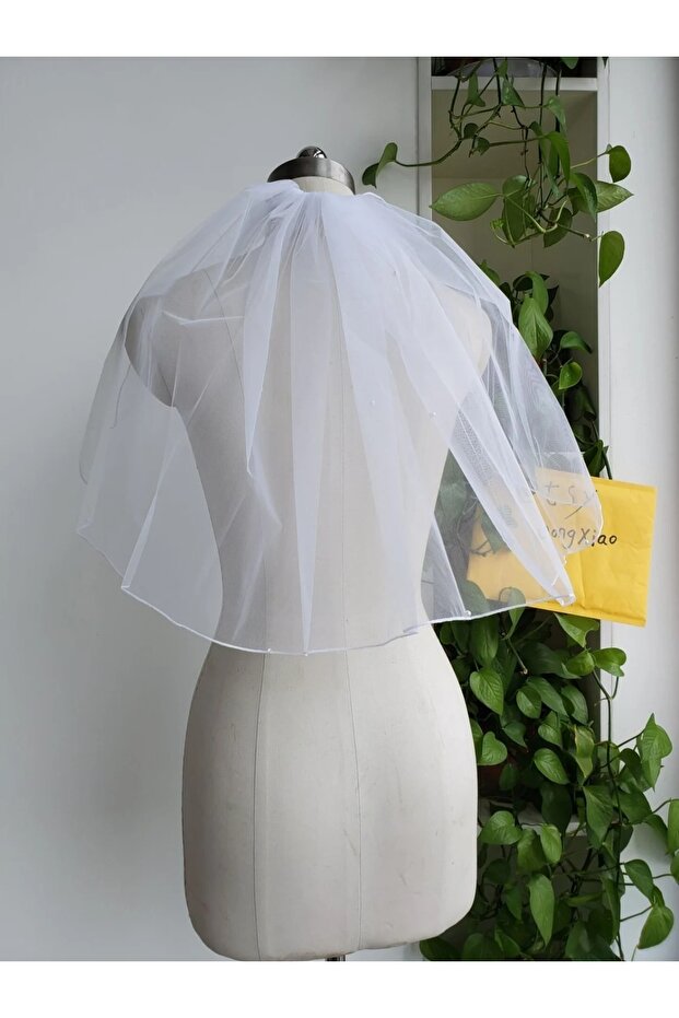 Pearl Detailed 45 Cm Short Veil with Overlocked Edges