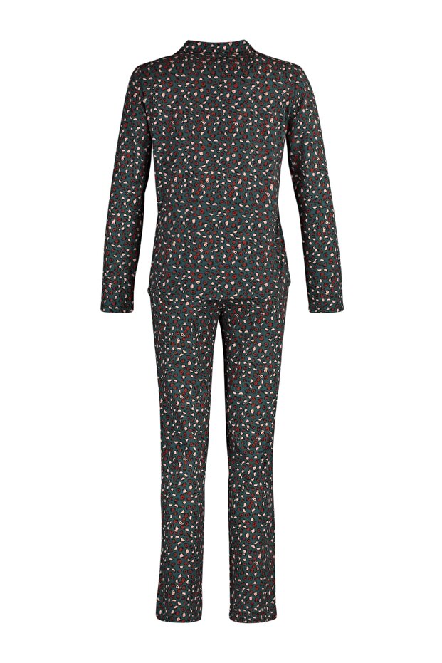Yeşil %100 Pamuklu Leopar Desenli Gömlek Pantolon Örme Pijama Takımı THMAW23PT00150 - 7