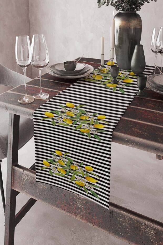 40x140cm Kaliteli Süet Premium Dokuma Kumaş Masa Örtüsü Runner Limonlu Rnr116 - 1