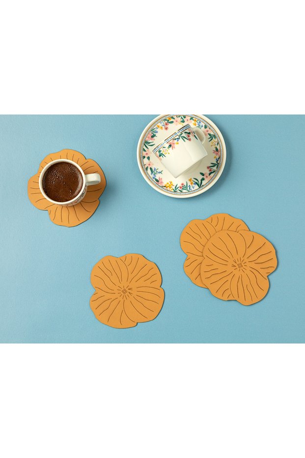 Blossom Faux Leather 4-Piece Coaster Set, 10 cm, Mustard