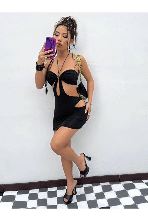 Dekolteli Mini Elbise - 3