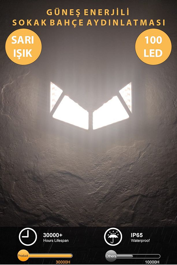 100 Ledli Sarı Işık Güneş Enerjili Hareket Sensörlü Solar Bahçe Lambası Şarj Olabilen - 1