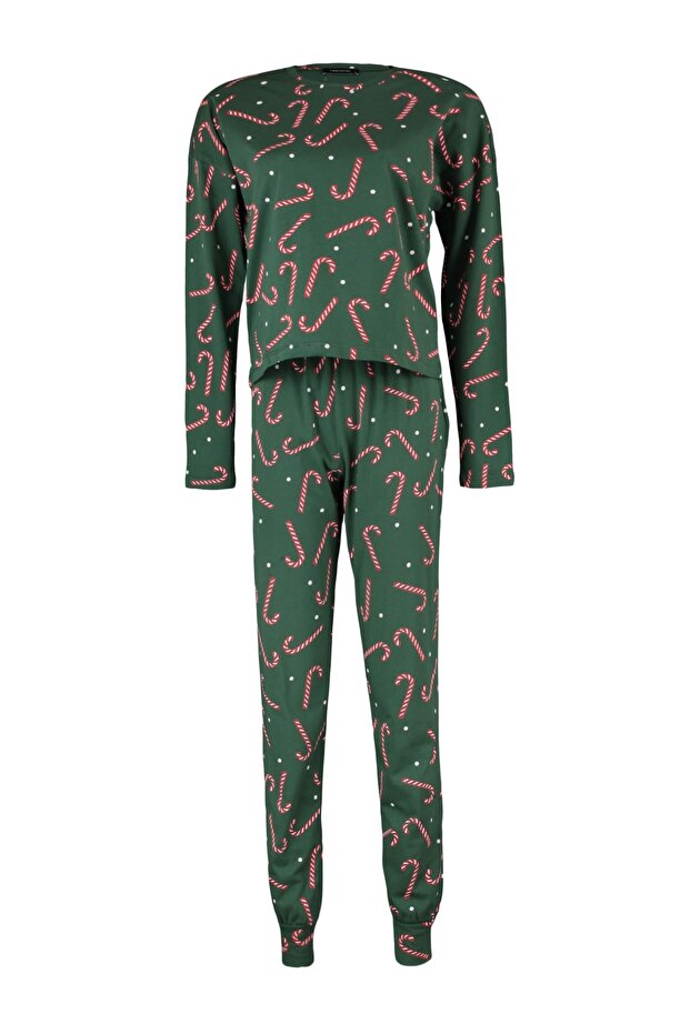 Yeşil %100 Pamuklu Yılbaşı Temalı Örme Pijama Takımı THMAW21PT0771 - 6