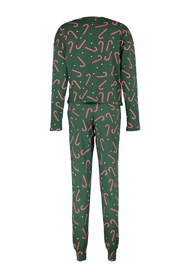 Yeşil %100 Pamuklu Yılbaşı Temalı Örme Pijama Takımı THMAW21PT0771 - 8