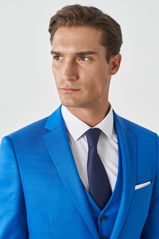 Erkek Saks Mavi Yünlü Ekstra Slim Fit Dar Kesim Mono Yaka Pick Desenli Yelekli Takım Elbise - 3
