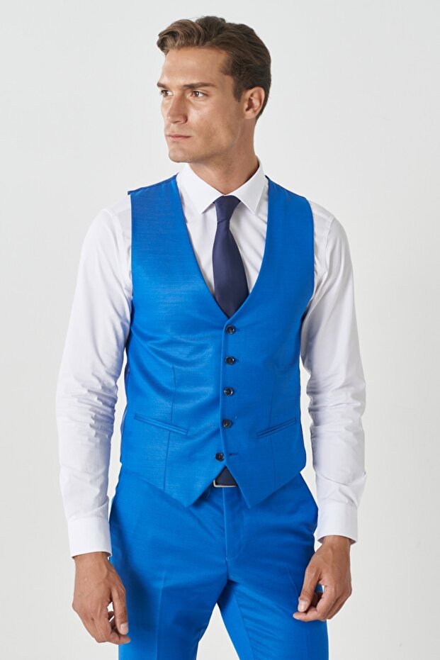 Erkek Saks Mavi Yünlü Ekstra Slim Fit Dar Kesim Mono Yaka Pick Desenli Yelekli Takım Elbise - 4