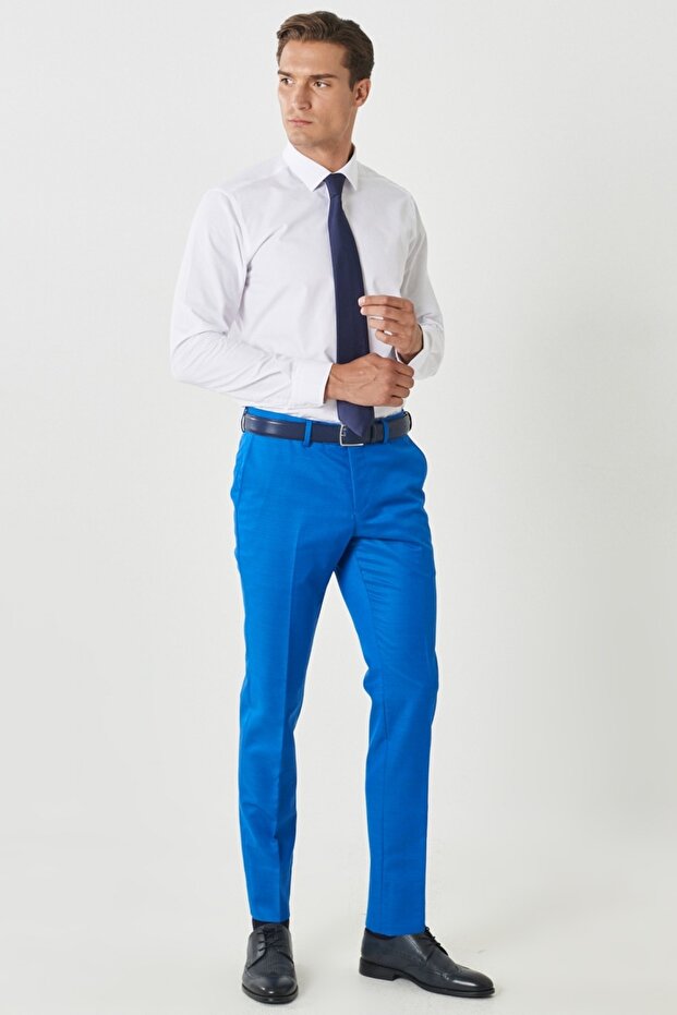 Erkek Saks Mavi Yünlü Ekstra Slim Fit Dar Kesim Mono Yaka Pick Desenli Yelekli Takım Elbise - 5