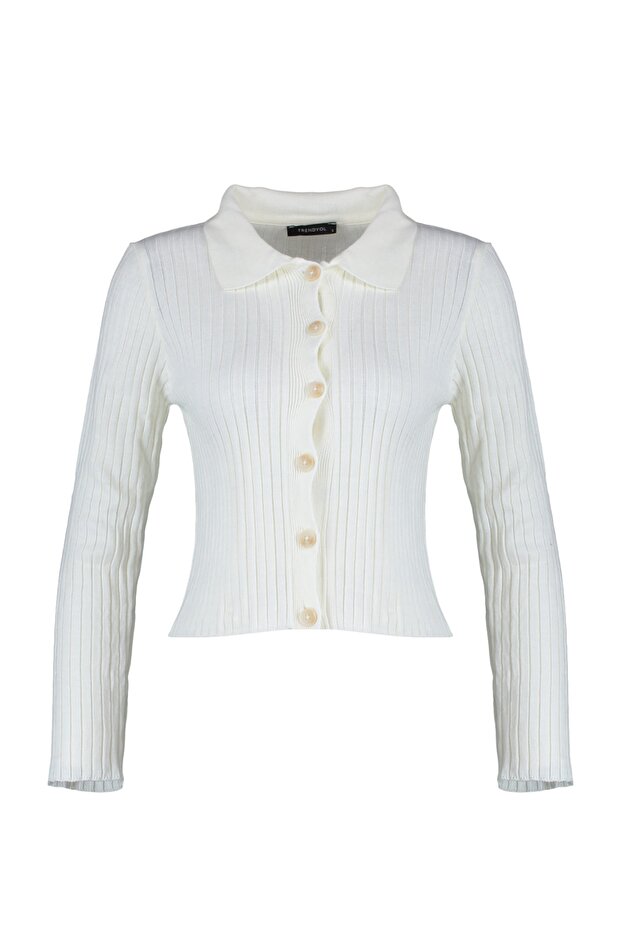 Dzianinowy kardigan polo w kolorze ecru TWOAW23HI00143 - 7